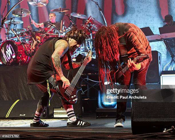 Reginald 'Fieldy' Arvizu and James ÔMunkyÕ Shaffer of the Metal Band Korn performs live at at the Ace Hotel Theatre for SiriusXM at The Theatre at...