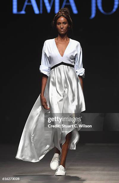 Model walks the runway during the Lama Jouni show at Fashion Forward Spring/Summer 2017 held at the Dubai Design District on October 22, 2016 in...