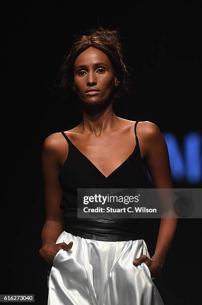 Model walks the runway during the Lama Jouni show at Fashion Forward Spring/Summer 2017 held at the Dubai Design District on October 22, 2016 in...