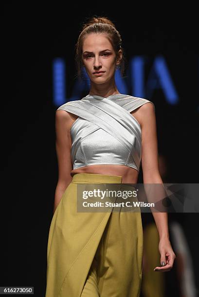Model walks the runway during the Lama Jouni show at Fashion Forward Spring/Summer 2017 held at the Dubai Design District on October 22, 2016 in...