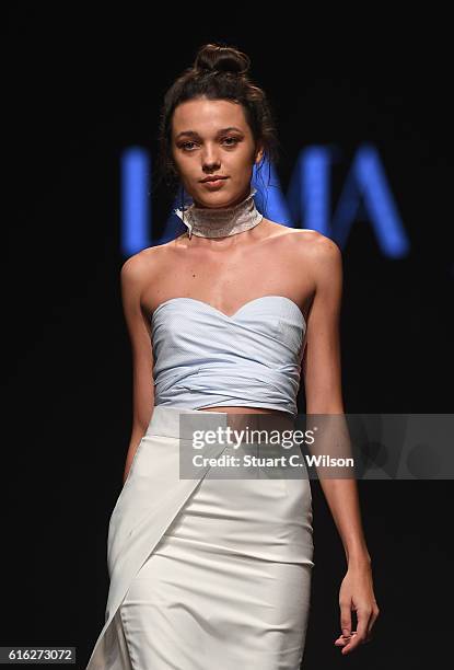 Model walks the runway during the Lama Jouni show at Fashion Forward Spring/Summer 2017 held at the Dubai Design District on October 22, 2016 in...