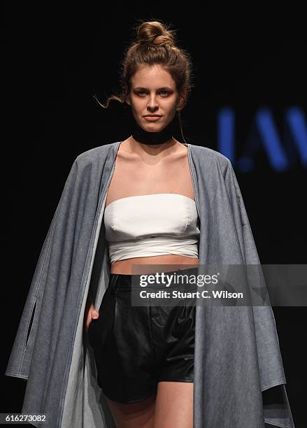 Model walks the runway during the Lama Jouni show at Fashion Forward Spring/Summer 2017 held at the Dubai Design District on October 22, 2016 in...