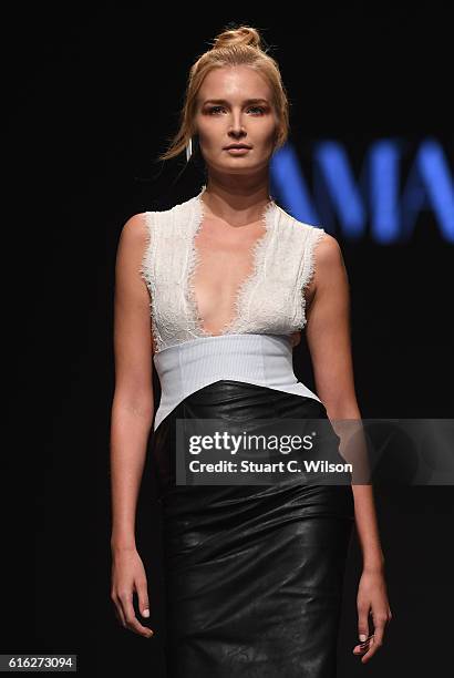 Model walks the runway during the Lama Jouni show at Fashion Forward Spring/Summer 2017 held at the Dubai Design District on October 22, 2016 in...