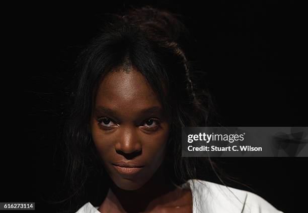 Model walks the runway during the Lama Jouni show at Fashion Forward Spring/Summer 2017 held at the Dubai Design District on October 22, 2016 in...