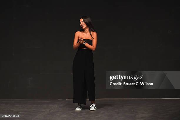 Designer Lama Jouni poses on the runway after her show during Fashion Forward Spring/Summer 2017 held at the Dubai Design District on October 22,...