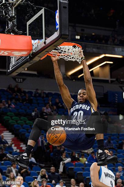 Stephens of the Memphis Grizzlies dunks the ball against the Minnesota Timberwolves during the preseason game on October 19, 2016 at Target Center in...