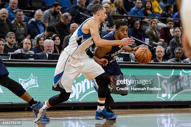 Stephens of the Memphis Grizzlies dribbles with the ball against Zach LaVine of the Minnesota Timberwolves during the preseason game on October 19,...