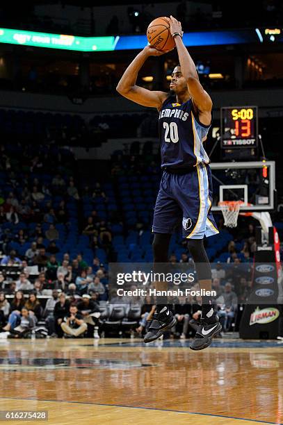 Stephens of the Memphis Grizzlies shoots a three pointer against the Minnesota Timberwolves during the preseason game on October 19, 2016 at Target...