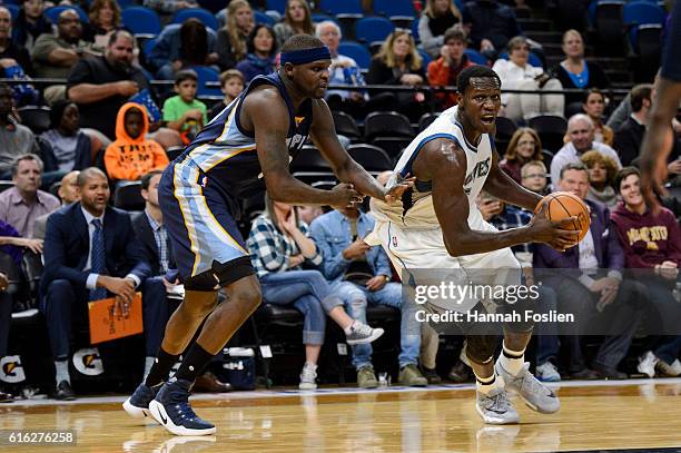 Zach Randolph of the Memphis Grizzlies guards against Gorgui Dieng of the Minnesota Timberwolves during the preseason game on October 19, 2016 at...