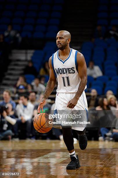 John Lucas III of the Minnesota Timberwolves brings the ball down court against the Memphis Grizzlies during the preseason game on October 19, 2016...