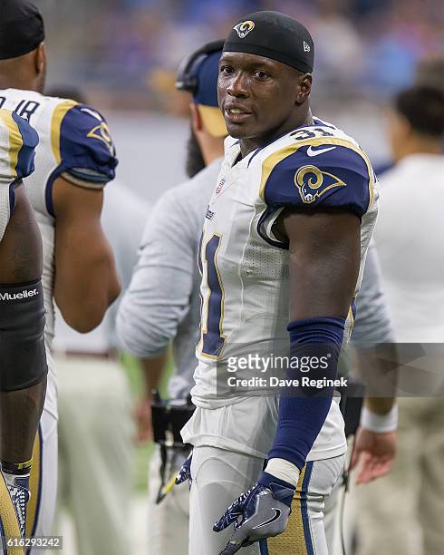 Free safety Maurice Alexander of the Los Angeles Rams walks around on the sidelines during an NFL game against the Detroit Lions at Ford Field on...