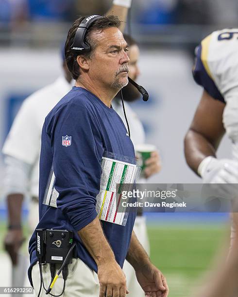 Head coach Jeff Fisher of the Los Angeles Rams watches the action from the sidelines during an NFL game against the Detroit Lions at Ford Field on...