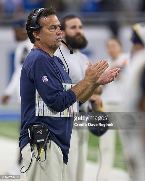 Head coach Jeff Fisher of the Los Angeles Rams watches the action from the sidelines during an NFL game against the Detroit Lions at Ford Field on...