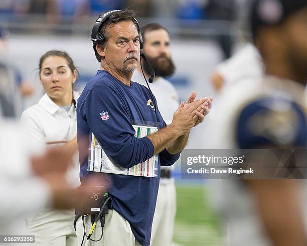 Head coach Jeff Fisher of the Los Angeles Rams watches the action from the sidelines during an NFL game against the Detroit Lions at Ford Field on...