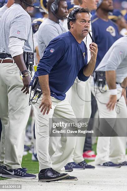 Head coach Jeff Fisher of the Los Angeles Rams watches the action from the sidelines during an NFL game against the Detroit Lions at Ford Field on...