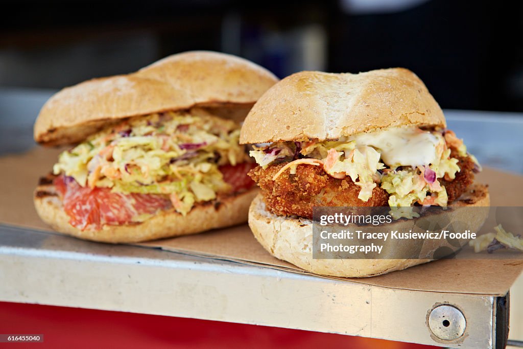 Oyster Po Boy and wild salmon filet burger on food truck