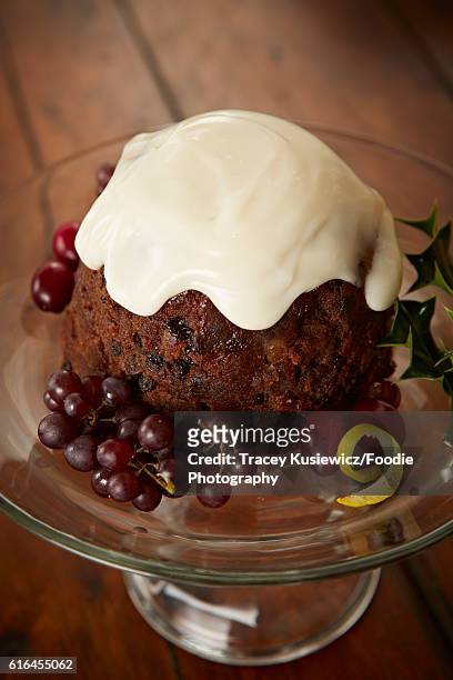 english plum pudding with custard sauce - christmas pudding stockfoto's en -beelden
