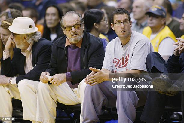 Actors Jack Nicholson and Adam Sandler watch the Sacramento Kings take on the Los Angeles Lakers in Game three of the Western Conference Finals...