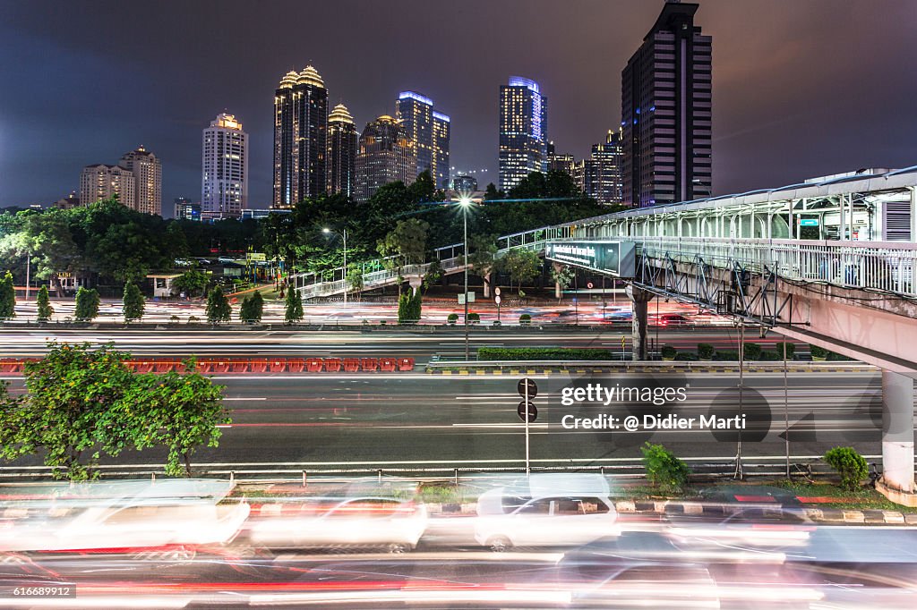 Busy road at night in Jakarta, Indonesia capital city