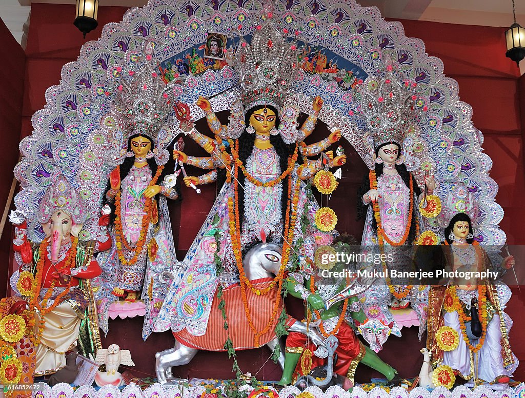 Goddess Durga idol during Durga Puja celebration, Delhi, India