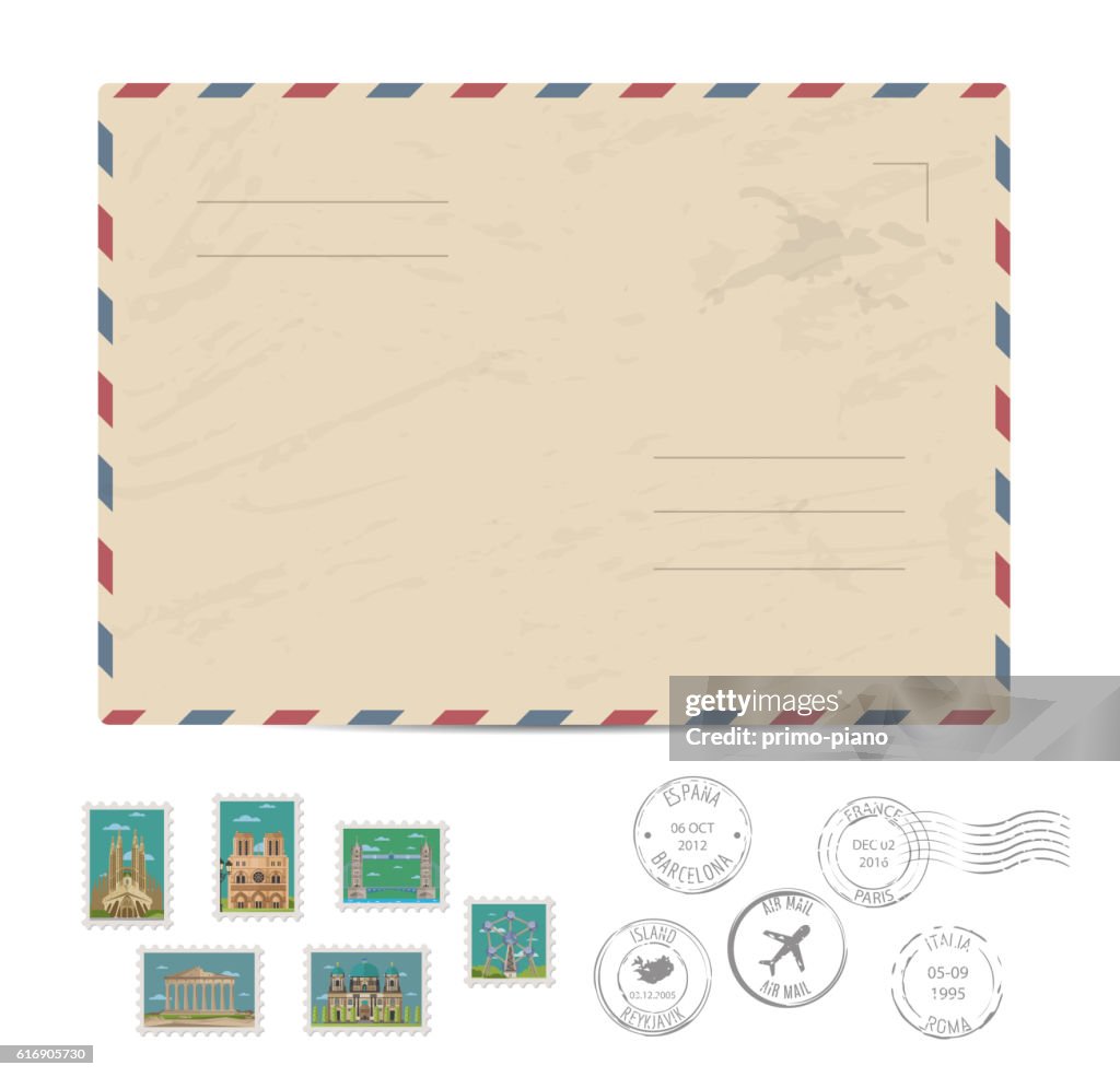 Vintage postal envelope with stamps
