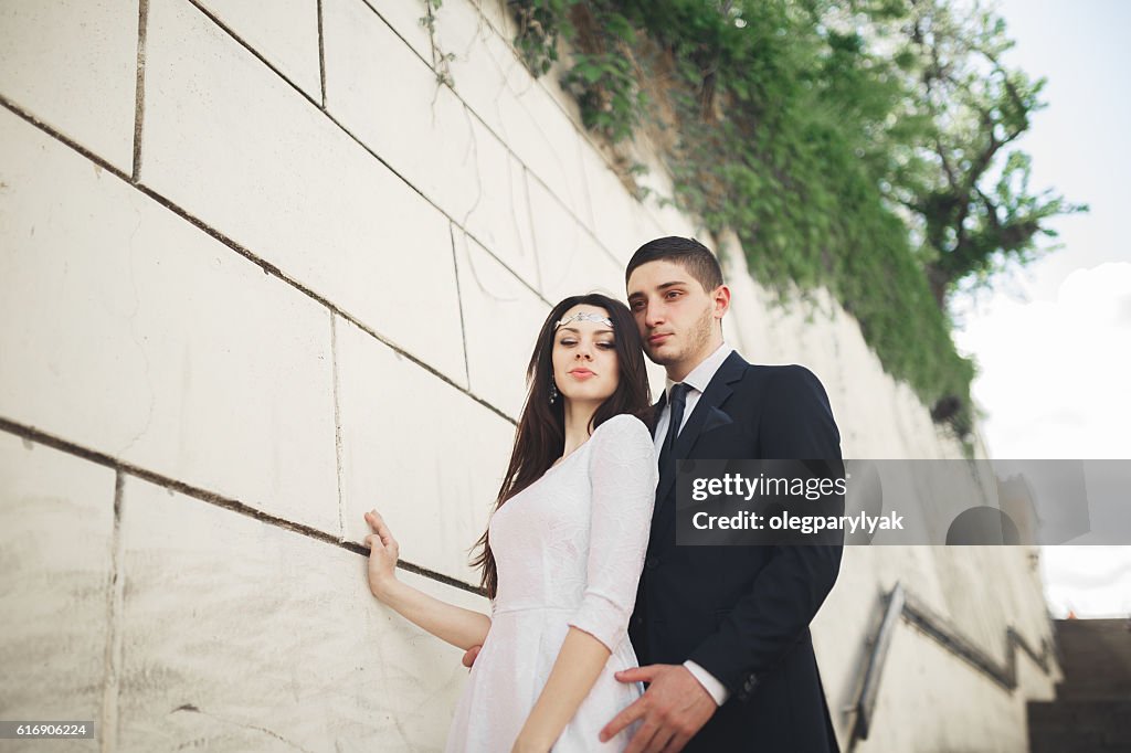 Maravillosa pareja de bodas de lujo posando cerca de la gran pared