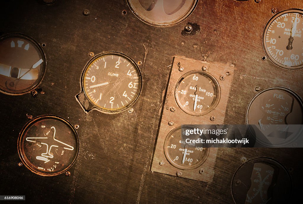 Different meters and displays in an old plane