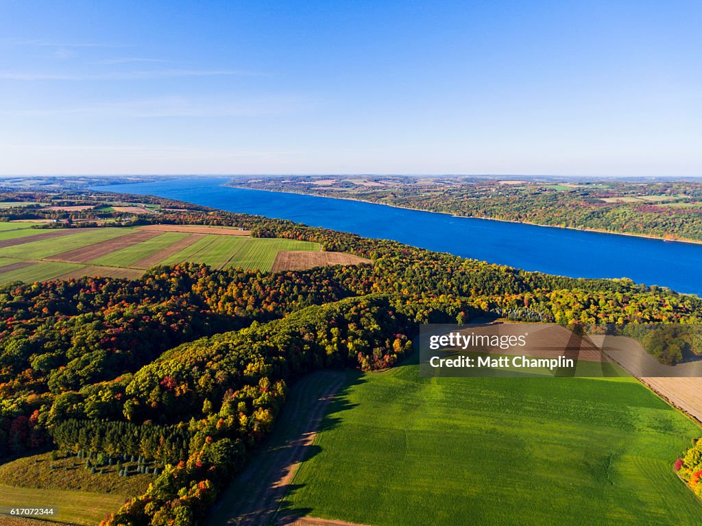 Aerial view of the Finger Lakes in Autumn