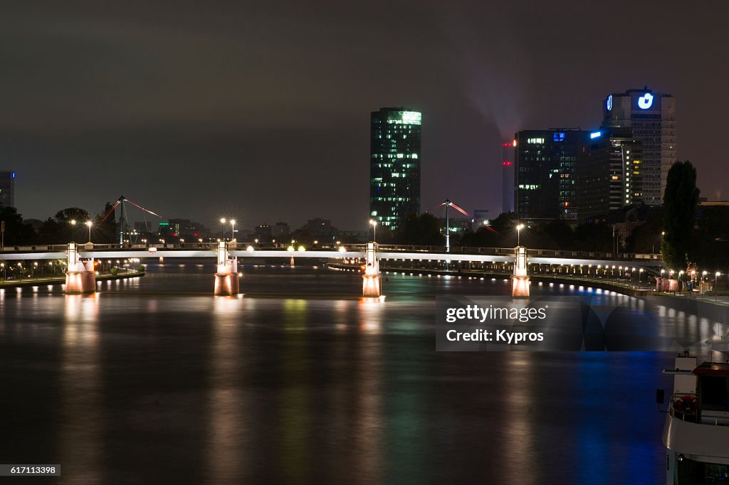 Europe, Germany, Frankfurt, View Of Modern Office Building Cityscape And The Main River, A Tributary of the Rhine