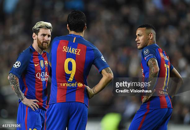 Lionel Messi, Luis Suarez and Neymar Jr. Of FC Barcelona during the UEFA Champions League Group C match between FC Barcelona and Manchester City FC...