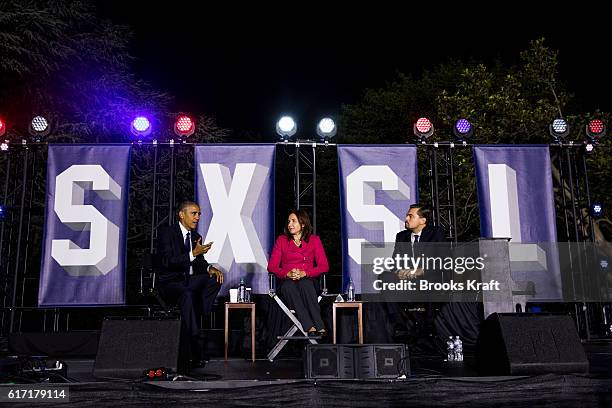 President Barack Obama, atmospheric scientist Katharine Hayhoe, and actor Leonardo DiCaprio participate in a conversation during the 'South By South...