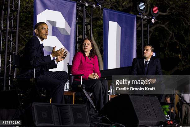 President Barack Obama, atmospheric scientist Katharine Hayhoe, and actor Leonardo DiCaprio participate in a conversation during the 'South By South...