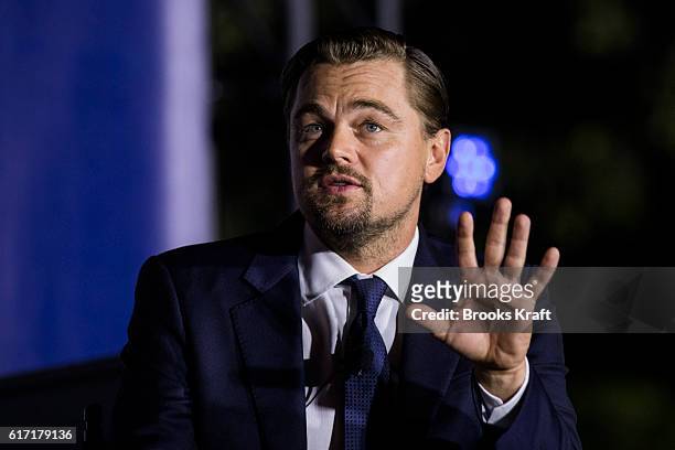 Actor Leonardo DiCaprio participates in a conversation during the 'South By South Lawn', SXSL festival on October 3, 2016 in Washington, DC. The...
