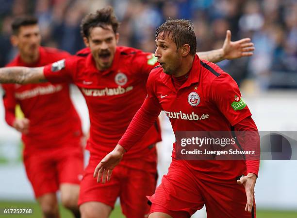 Marcel Ziemer of Rostock celebrates after scoring during the third league match between MSV Duisburg and Hansa Rostock at Schauinsland-Reisen-Arena...