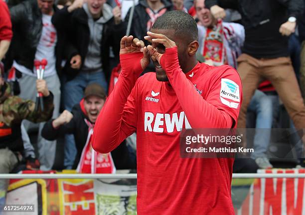 Anthony Modeste of Koeln jubilates after scoring the second goal during the Bundesliga match between Hertha BSC and 1. FC Koeln at Olympiastadion on...