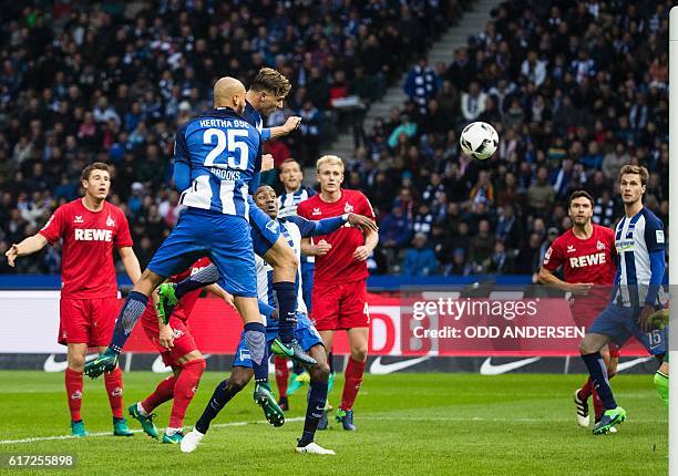 Berlin's defender Niklas Stark scores his side's 2nd goal during the German first division Bundesliga football match between Hertha BSC Berlin and FC...