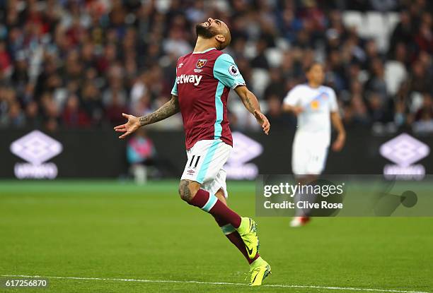 Simone Zaza of West Ham United reacts during the Premier League match between West Ham United and Sunderland at Olympic Stadium on October 22, 2016...