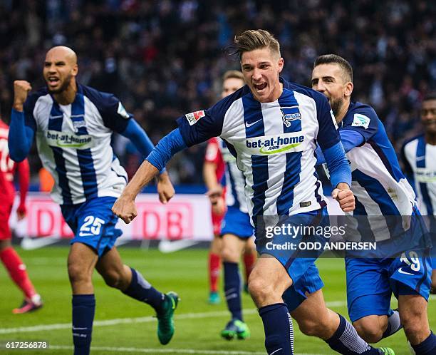 Hertha Berlin's midfielder Niklas Stark celebrates scoring his side's 2nd goal during the German first division Bundesliga football match between...