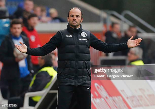 Manager Christian Brand of Rostock gestures during the third league match between MSV Duisburg and Hansa Rostock at Schauinsland-Reisen-Arena on...