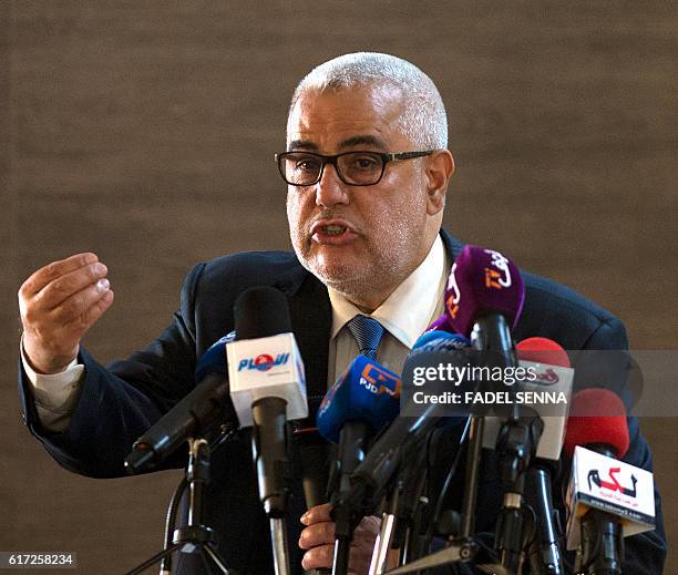 Moroccan Prime Minister and Secretary General of the ruling Islamist Justice and Development Party , Abdelilah Benkirane, speaks during a conference...