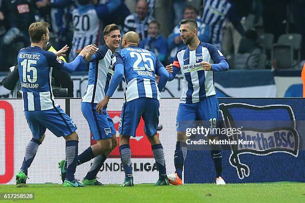Niklas Stark of Berlin jubilates with team mates after scoring the third goal during the Bundesliga match between Hertha BSC and 1. FC Koeln at...
