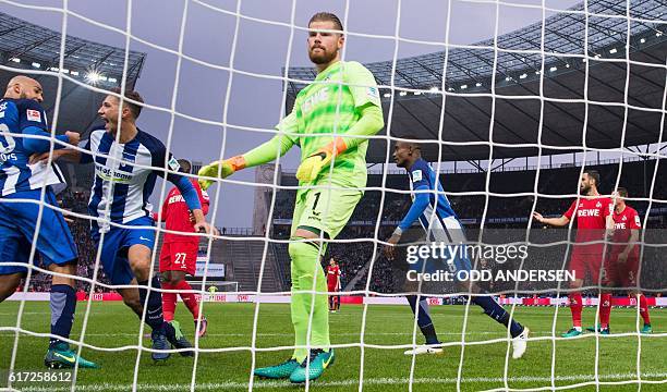 Hertha Berlin's midfielder Niklas Stark celebrates scoring his side's 2nd goal during the German first division Bundesliga football match between...