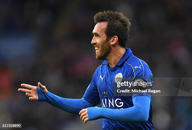 Christian Fuchs of Leicester City celebrates scoring his sides third goal during the Premier League match between Leicester City and Crystal Palace...