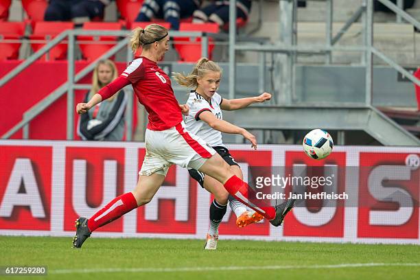Tabea Kemme of Germany battles with Katharina Schiechtl of Austria during the Women's International Friendly match between Germany and Austria at the...