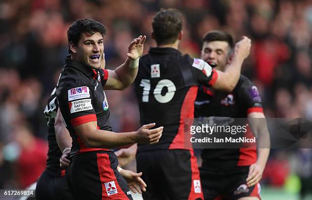 Sam Hidalgo-Clyne of Edinburgh celebrates at full time during the European Rugby Challenge Cup match between Edinburgh and Harlequins at Murrayfield...