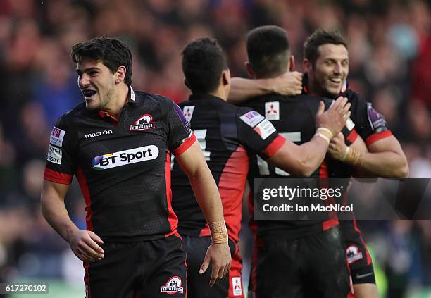 Sam Hidalgo-Clyne of Edinburgh celebrates at full time during the European Rugby Challenge Cup match between Edinburgh and Harlequins at Murrayfield...