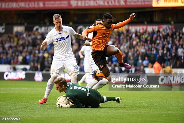 Rob Green of Leeds United saves at the feet of Nouha Dicko of Wolverhampton Wanderers during the Sky Bet Championship game between Wolverhampton...