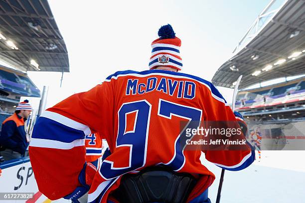 Connor McDavid of the Edmonton Oilers takes the ice to practice for the 2016 Tim Hortons NHL Heritage Classic at Investors Group Field on October 22,...