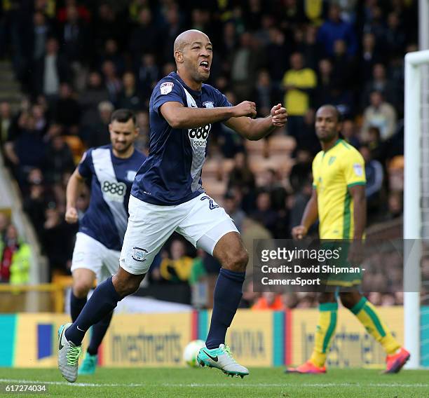 Preston North End's Alex John-Baptiste celebrates scoring his sides first goal during the Sky Bet Championship match between Norwich City and Preston...