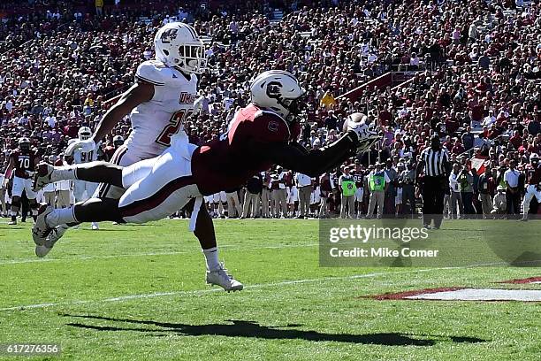 Tight end K.C. Crosby of the South Carolina Gamecocks makes a touchdown reception against the Massachusetts Minutemen at Williams-Brice Stadium on...